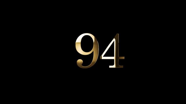 Number 94 in gold style with gold particles and transparent background, ninety four