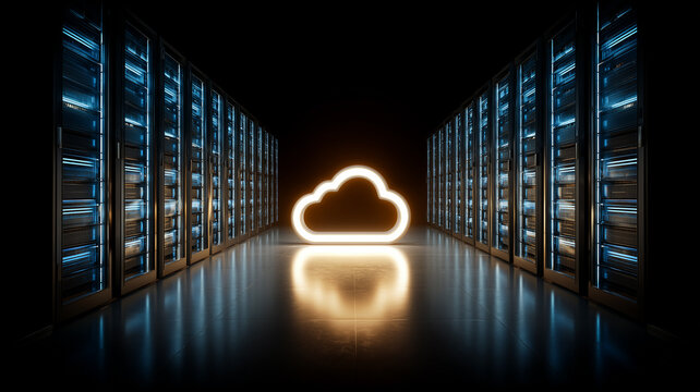 Cloud symbol displayed between server racks represents cloud computing data storage and scalable digital infrastructure.
