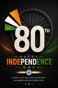 Creative 80th indian independence day celebration poster featuring the ashoka chakra and tricolor flag elements on black