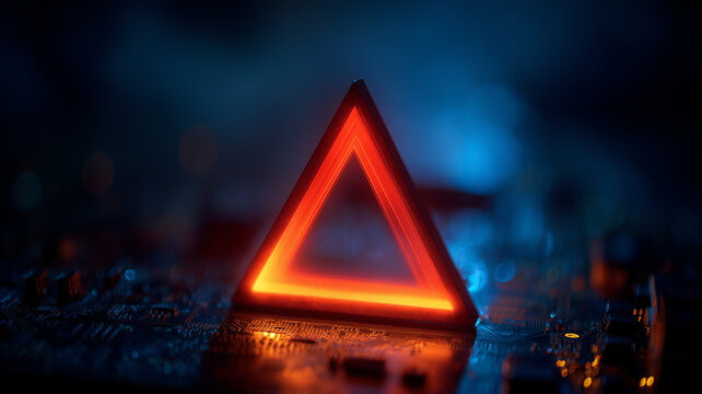 Warning triangle displayed on a circuit board represents cyber risk detection and technology system failure.
