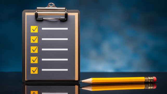 Clipboard with completed checkboxes and a pencil represents task management compliance review and organized business planning.
