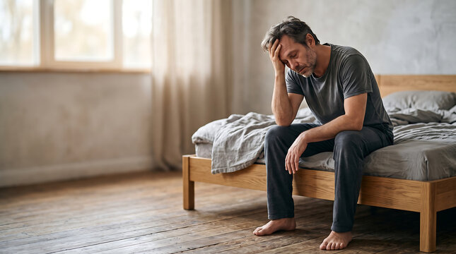 A man sitting on a bed suffering from sarcopenia muscle weakness and fatigue in a bright morning bedroom setting