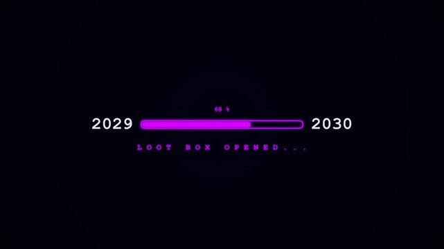 Loot box loading bar transition between year 2029 and 2030 in neon purple light