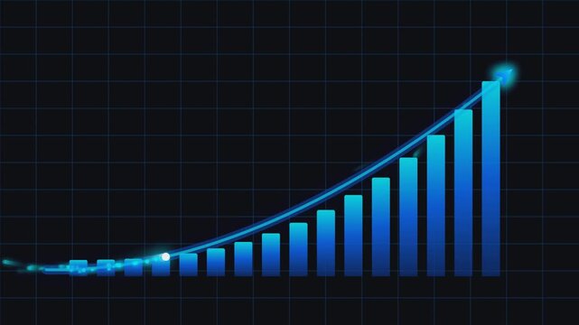 Financial growth bar chart with rising arrow, blue business data graph on dark grid background, corporate success and economic profit visualization