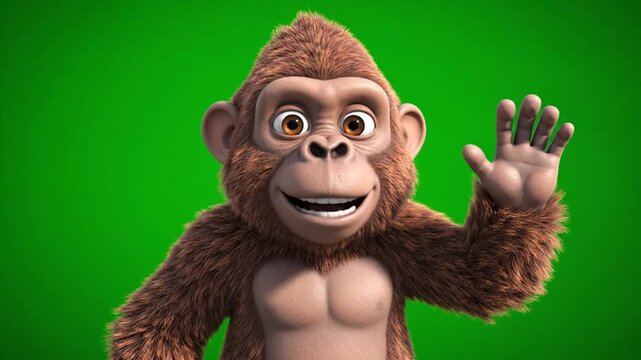 Cute cartoon monkey waving hello on a green screen background, a friendly 3d cartoon animal character