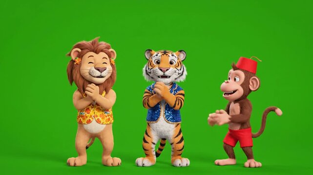 Cute cartoon lion, tiger, and monkey characters dancing together in a 3d cartoon style on green screen background