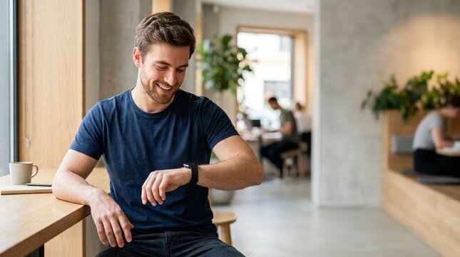 Smiling young adult man checking his smartwatch in a modern cafe. Happy male looking at wearable technology device on his wrist. Digital communication and lifestyle