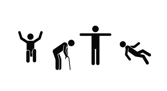 Simple black stick figures illustrate the stages of human life from infancy to old age