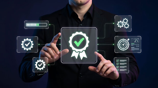 Businessman interacting with quality control compliance icons and approval symbol