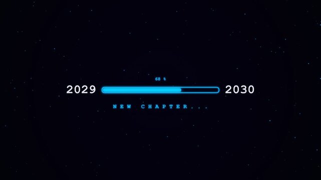 Loading bar transition from 2029 to 2030 with glowing blue digital progress bar