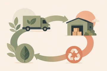 Obraz premium Flat vector illustration of a sustainable supply chain loop connecting delivery van warehouse leaf and recycling arrow