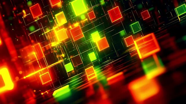 Abstract background featuring glowing neon squares and digital data particles in motion.