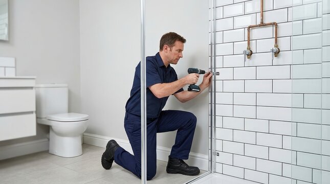 Plumber installing a glass shower enclosure with a cordless drill. Professional contractor working in a modern tiled bathroom