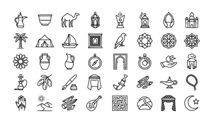 Fototapeta premium Islamic Culture, Middle Eastern Heritage, and Traditional Arabian Life Minimalist Line Art Icon Set Featuring Dallah Teapot, Mosque, Falcon, Calligraphy, and Crescent Moon Symbols for Cultural Brandin