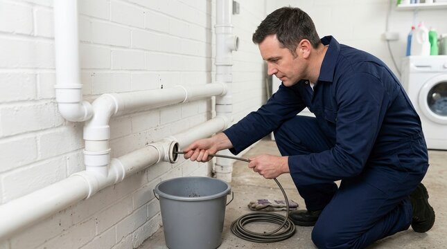 Plumber removing a blockage from a pipe with a drain snake. Professional technician clearing clogged sewer line in a utility room. Home maintenance concept