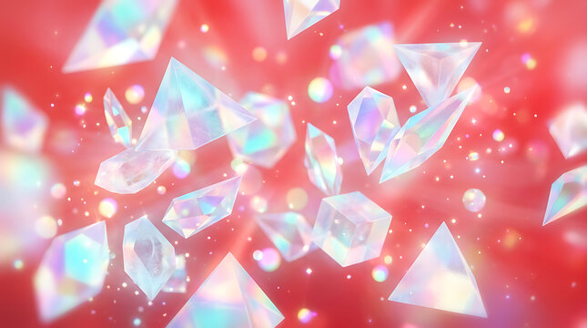 Floating sparkling diamond crystals on abstract red background with light bokeh