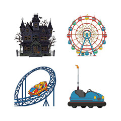 Amusement park set featuring a haunted house, ferris wheel, roller coaster, and bumper car