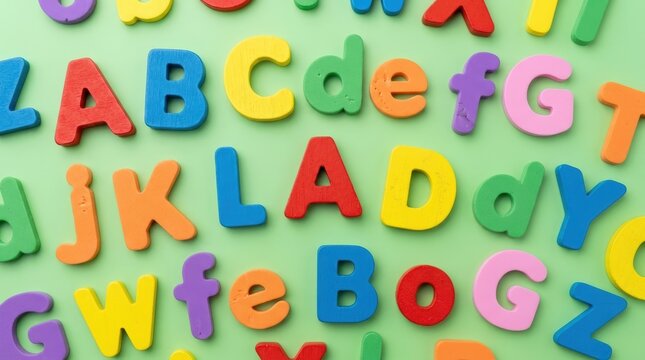 Colorful Alphabet Letters Scattered on a Green Background.
