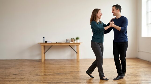 Smiling couple practicing dance steps in a spacious studio. Man and woman learning ballroom dancing on a wooden floor. Active lifestyle and hobby concept