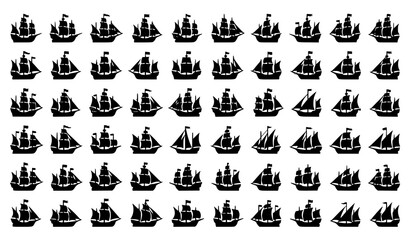 Fototapeta premium Vintage Pirate Ship Silhouette Vector Collection with Wooden Sailing Boats and Flags