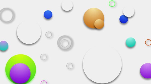 Abstract 3d circles and colorful spheres on a light background with soft shadows, modern minimal design and copy space animation