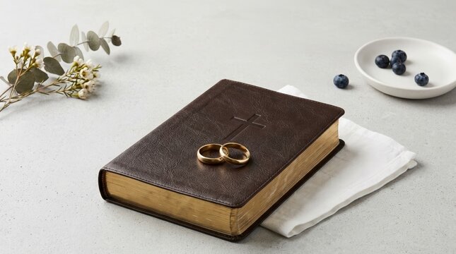 Gold wedding rings on a brown leather Bible with a cross. Christian marriage concept still life. Holy Bible and wedding bands on a grey background