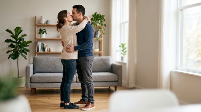 Couple kissing in a modern apartment living room. Reconciliation and love concept. Young man and woman embracing at home