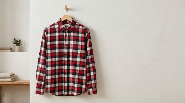 Flannel shirt hanging on a wooden hanger. Red and black plaid shirt on a white wall. Casual clothing display with copy space