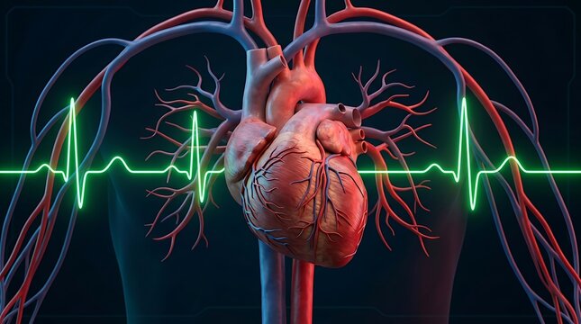3d medical illustration of the human heart and cardiovascular system with an electrocardiogram ecg line overlay on a dark blue background