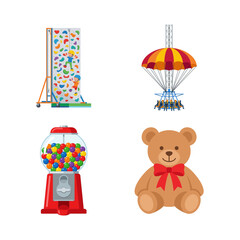 Vector set of amusement park attractions and toys including climbing wall, parachute ride, gumball machine, and cute teddy bear
