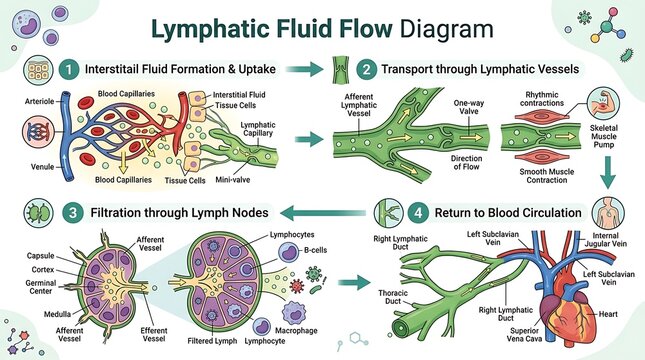 Medical infographic explaining lymphatic fluid flow and circulation