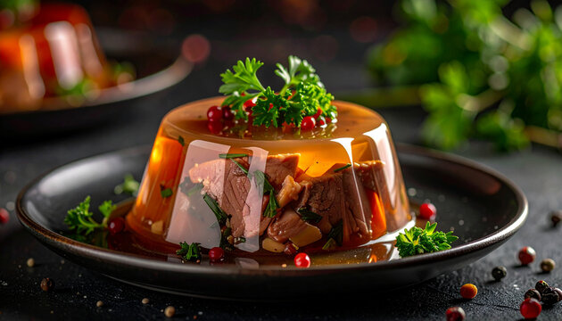 Beef aspic jelly with glossy surface fine dining style