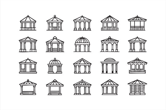 Gazebo line icons in editable stroke style. Pavilion, pergola, garden shelter, park gazebo, outdoor canopy, kiosk, rotunda, architectural structure collection. Editable stroke. Vector.