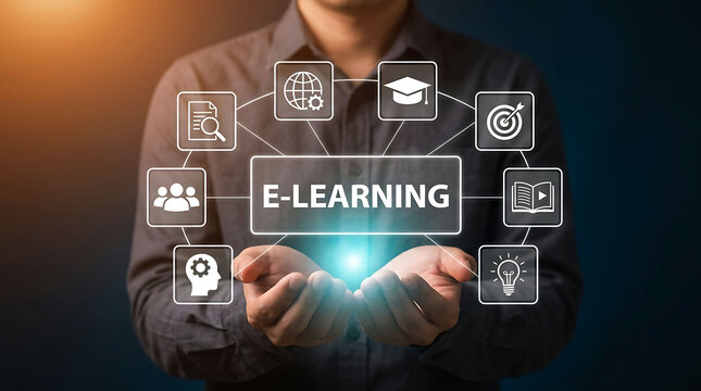 Businessman holding online e learning visual interface concept of digital education