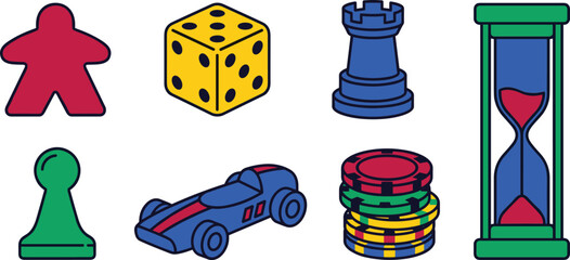 Board game pieces icon set vector illustrations of meeples dice rook hourglass token car isolated on white © Honey!