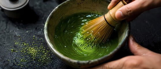 Obraz premium Traditional Japanese Matcha Tea Ceremony on a Dark Table