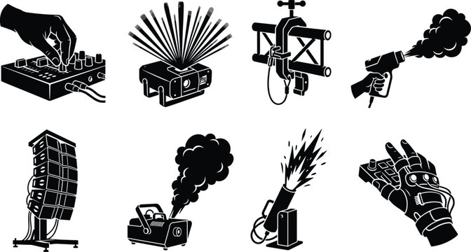 Stage effect and event lighting equipment silhouette set including laser projector fog machine and line array