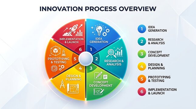 Innovation process overview diagram with six colorful steps