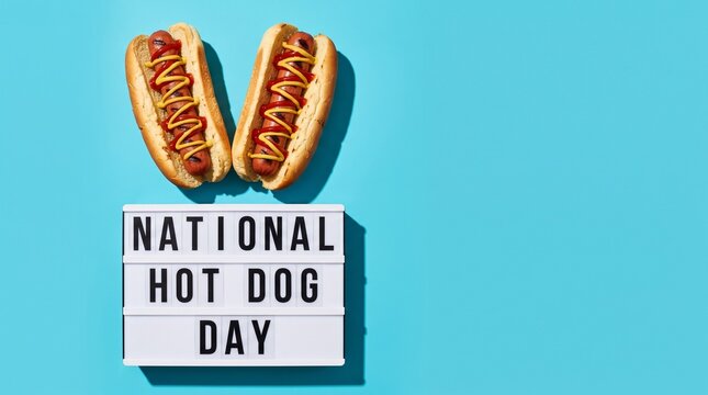 National Hot Dog Day celebration concept, two grilled hot dogs with mustard on blue background, retro lightbox with holiday text