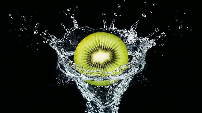 Fresh kiwi slice falling into water splash, green fruit with liquid crown on black background, dynamic water explosion with tropical kiwi fruit