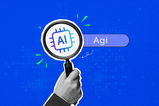 Hand holding magnifying glass over AI on a blue digital background