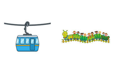 Vector illustration of a blue cable car and a fun caterpillar roller coaster ride with kids