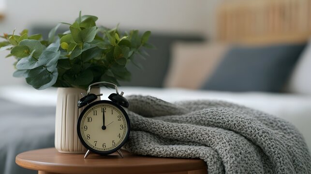 A classic black alarm clock sits beside a potted plant and knitted blanket on a wooden bedside table