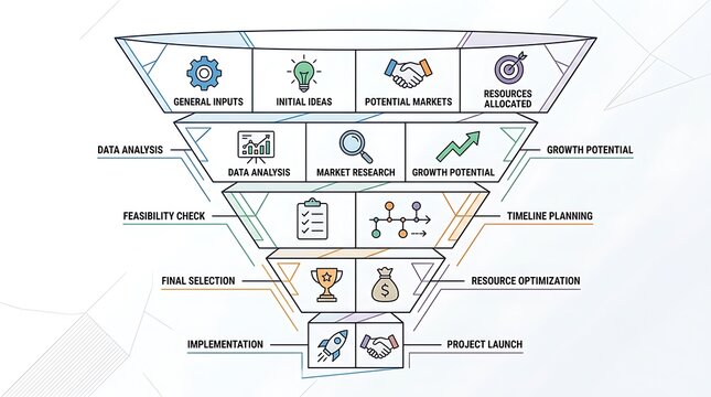 Business strategy funnel infographic with project management stages