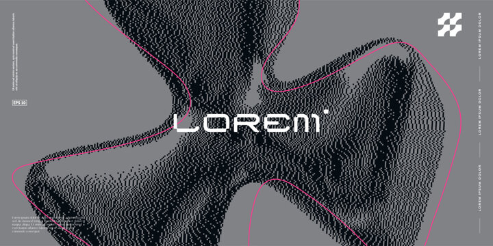 Futuristic background with 3d dithered shape and wavy lines.