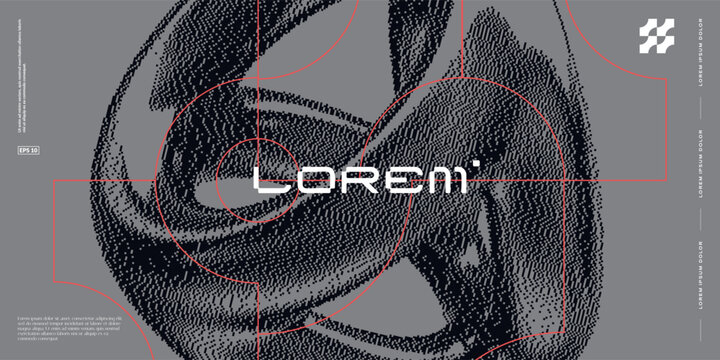 Futuristic background with 3d dithered shape and geometric lines.