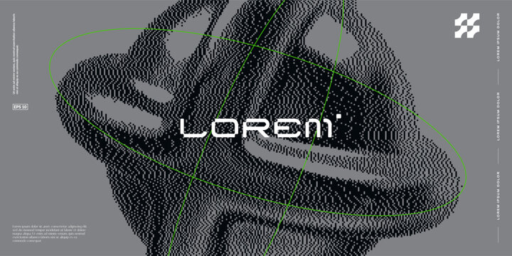 Futuristic background with 3d dithered cube and geometric lines.