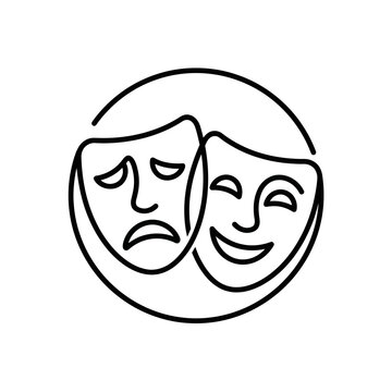 Comedy and tragedy theater masks in circular frame.