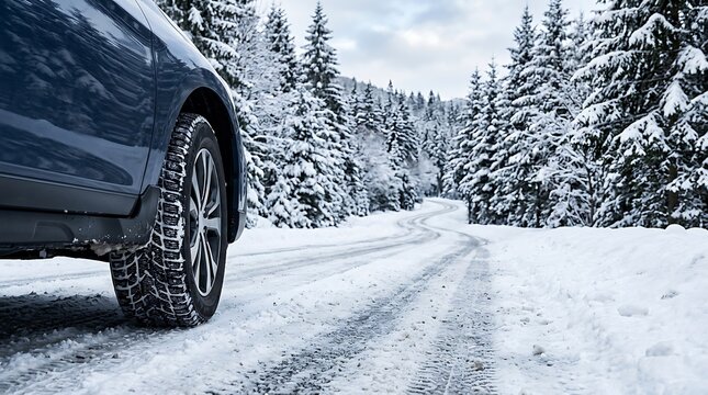 Black SUV driving through snowy forest road.