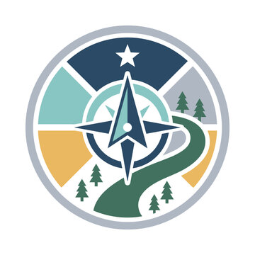 Compass and winding path circular emblem.